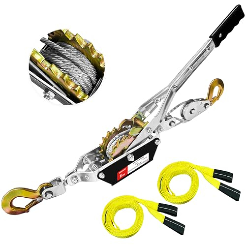 YATOINTO Come Along Winch 2-Ton (4400 Lbs) Pulling Capacity with Two 1" x8FT Lifting Sling Heavy Duty Power Cable Come Along Tool with Dual Gears 7 Ft 2 Hooks Cable Winch Puller for Recovery Gear