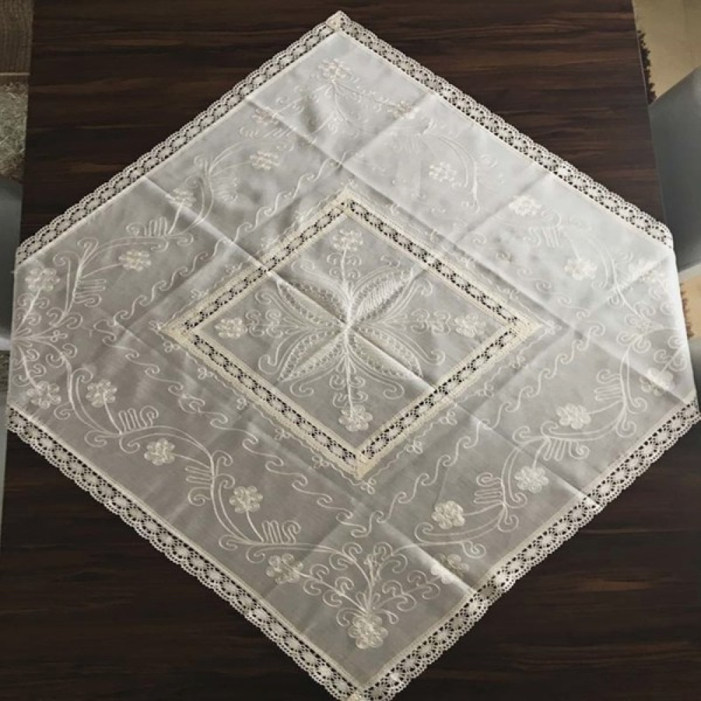 Yavuz Tekstil Çeyizlik Ipek Dokuma Dantelli Fiskos - Krem - 100 x 100 cm Masa Örtüsü Fiyatı