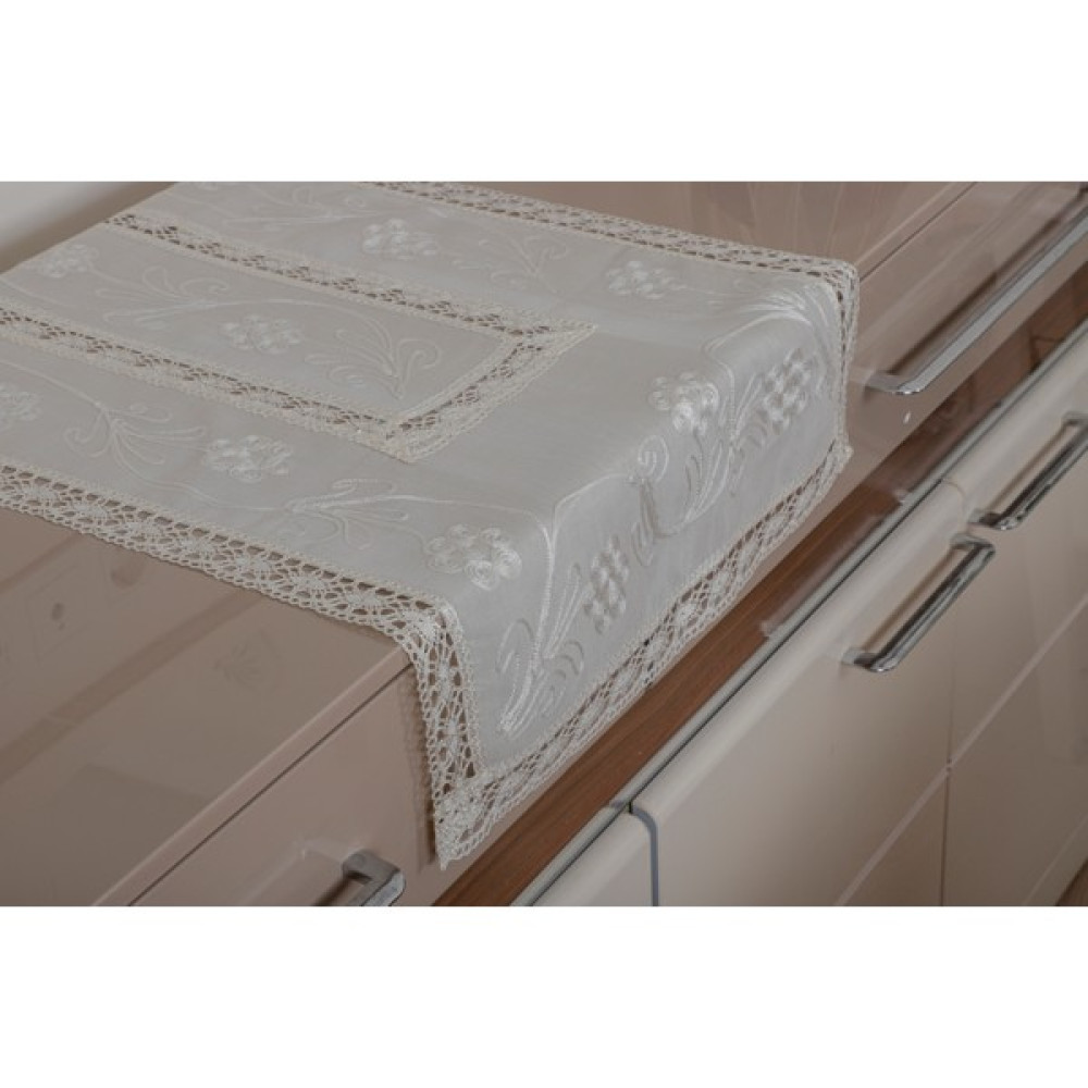 Yavuz Tekstil Çeyizlik Ipek Dokuma Dantelli Şemen %100 Ipek El Işçiliği - Krem - 95 x 45 cm Masa Örtüsü Fiyatı