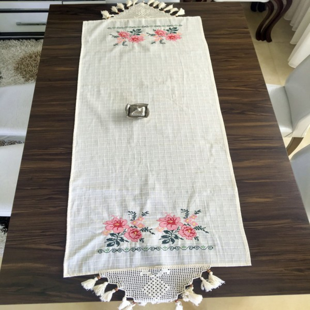 Yavuz Tekstil Kanaviçe Runner- Buzdolabı Örtüsü Pembe - 50 x 160 cm Masa Örtüsü Fiyatı