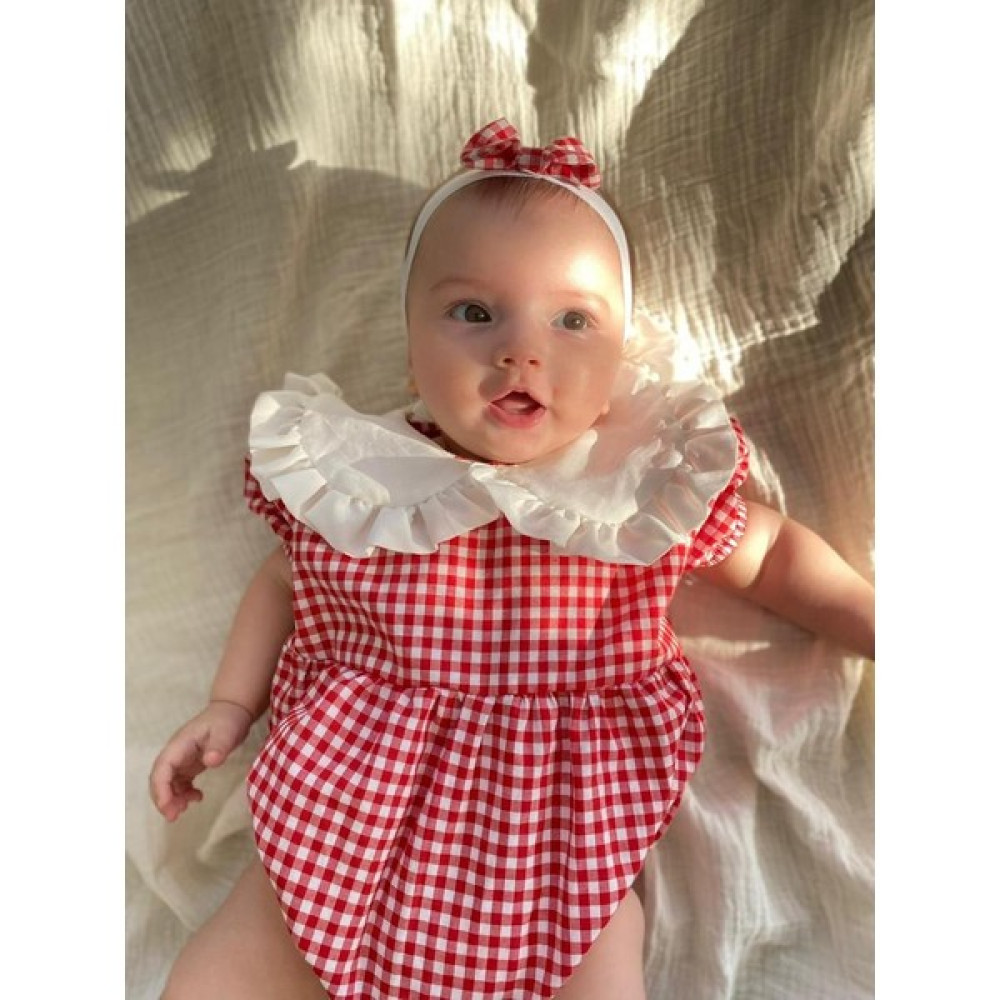 Yaya Kids Kırmızı Kısa Kol Ekose Bebe Yaka Romper Bandana Set Bebek Tulumu Fiyatı
