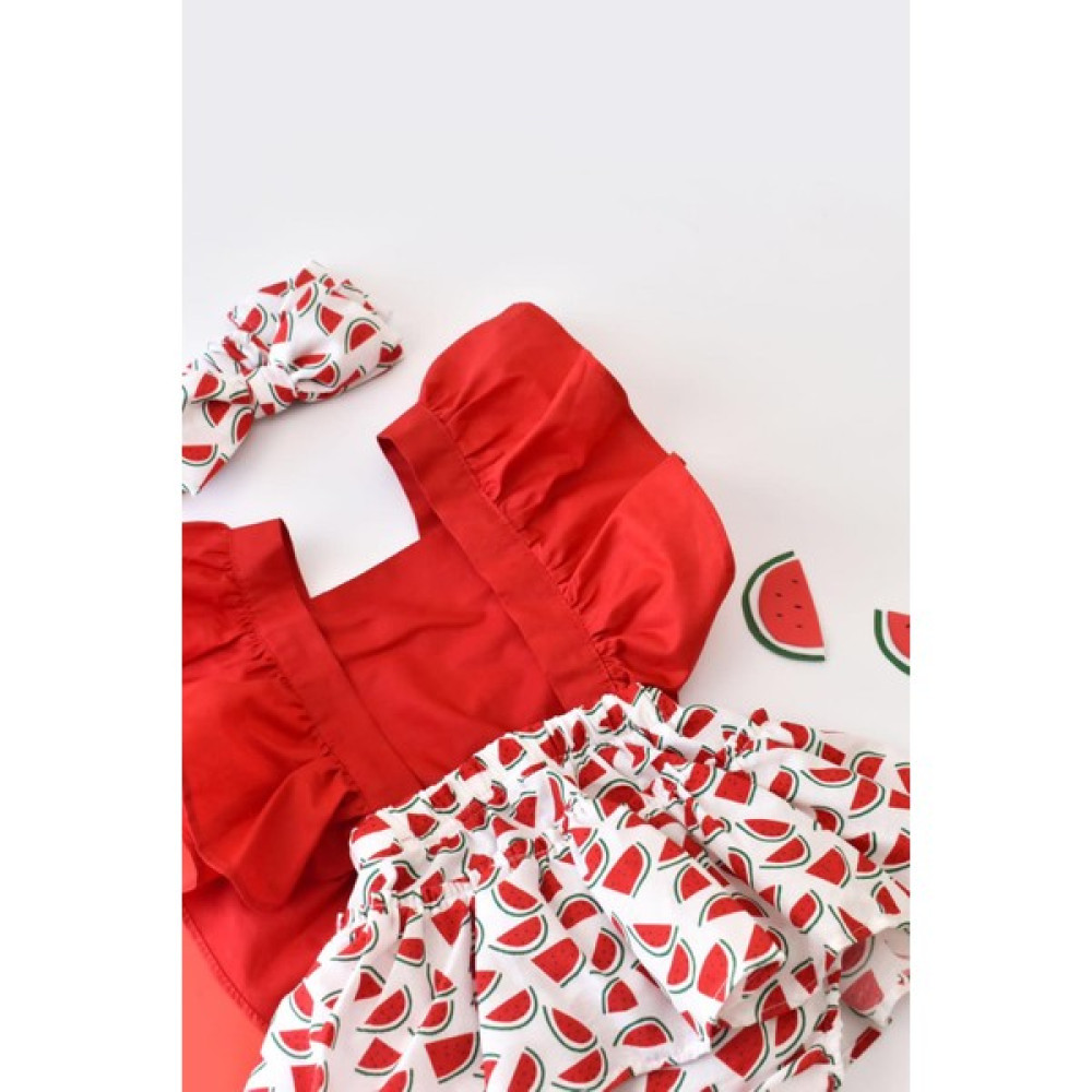 Yaya Kids Kız Bebek Karpuz Desen Poplin Fırfır Salopet Bandana Set Bebek Giysi Takım Fiyatı