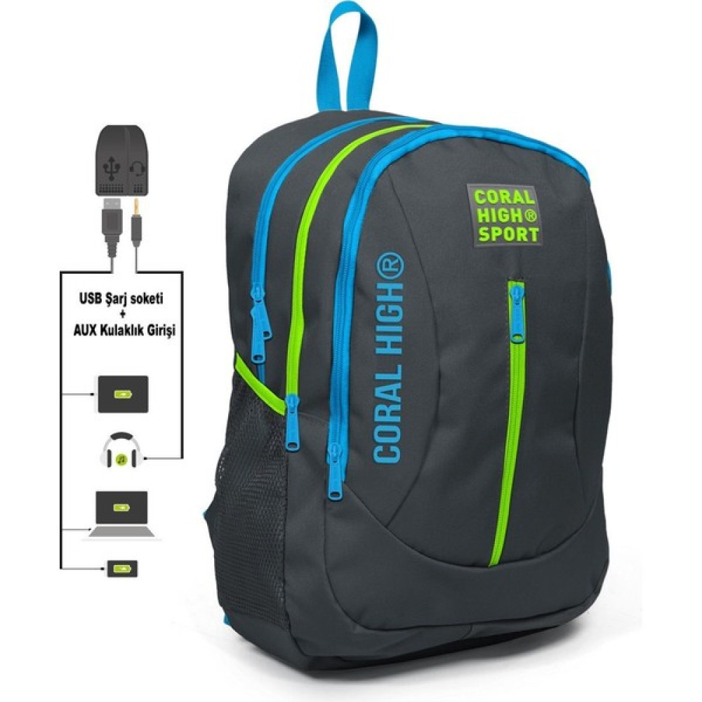 Yaygan Coral High Sport Mavigri Okul ve Günlük Sırt Çantası USB ve Aux Çıkışlı - Mavi Okul Çantası Fiyatı