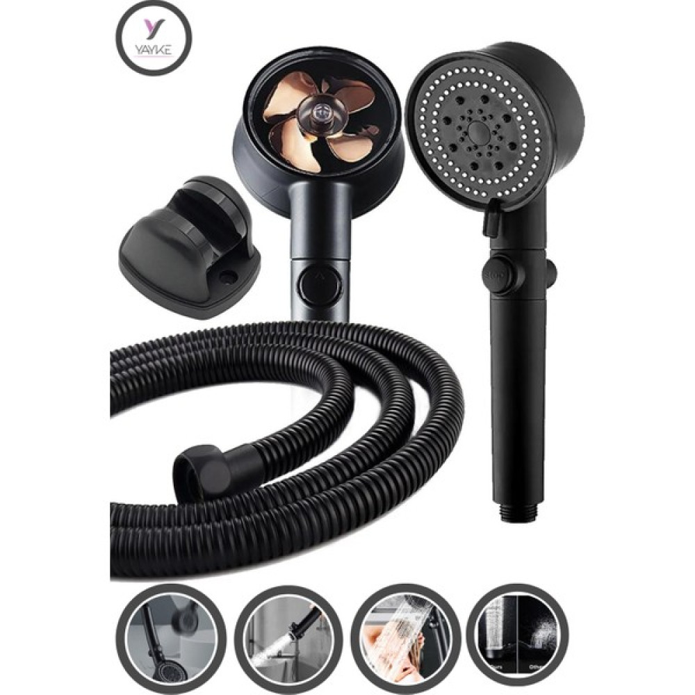 Yayke Turbo Pervaneli 5 Fonksiyonlu Duş Başlığı Duş Hortumu 150 cm ve Mafsal Set (Siyah) Duş Seti Fiyatı