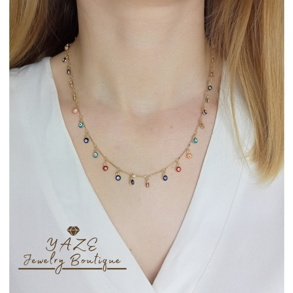 Yaze Jewelry Renkli Nazar Boncuklu Gold Renk Şans Kolyesi - 40 cm Bijuteri Kolye Fiyatı