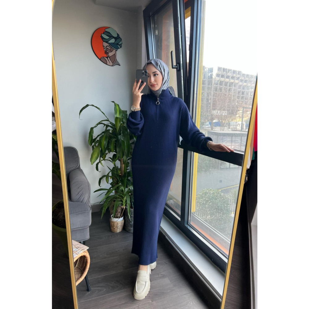Yazıcı Moda Oversize Bol Kesim Fermuar Yaka Fitilli Triko Tesettür Elbise 38-44 Beden Arası STD Beden Tesettür Giyim Fiyatı