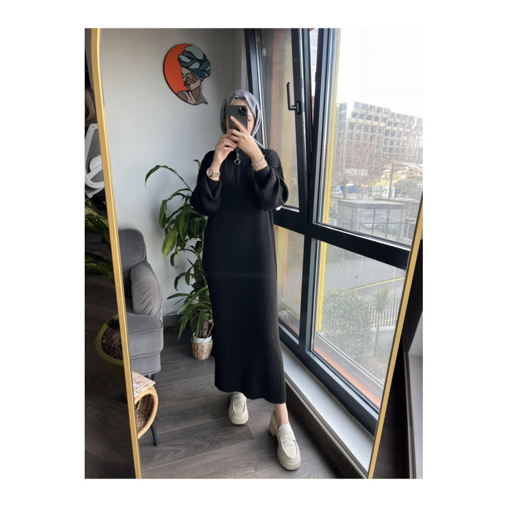 Yazıcı Moda Oversize Bol Kesim Fermuar Yaka Fitilli Triko Tesettür Elbise STD Beden Tesettür Giyim Fiyatı