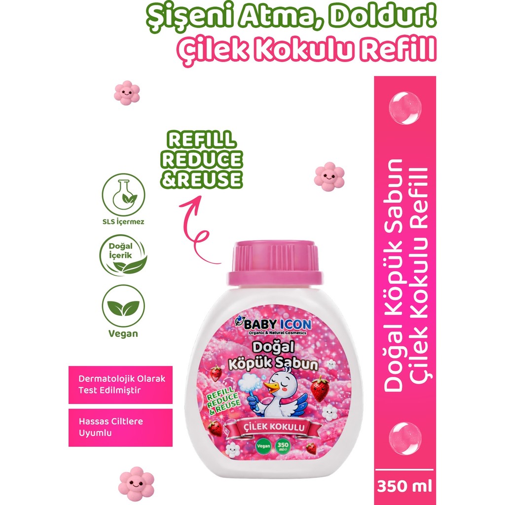 Yedek Dolum - Baby Icon Doğal Çocuk Köpük Sabun 350 ml Çilek Kokulu - Kırmızı Diğer Fiyatı