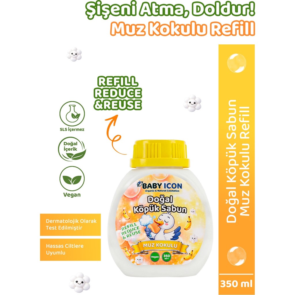 Yedek Dolum - Baby Icon Doğal Çocuk Köpük Sabun 350 ml Muz Kokulu - Sarı Diğer Fiyatı