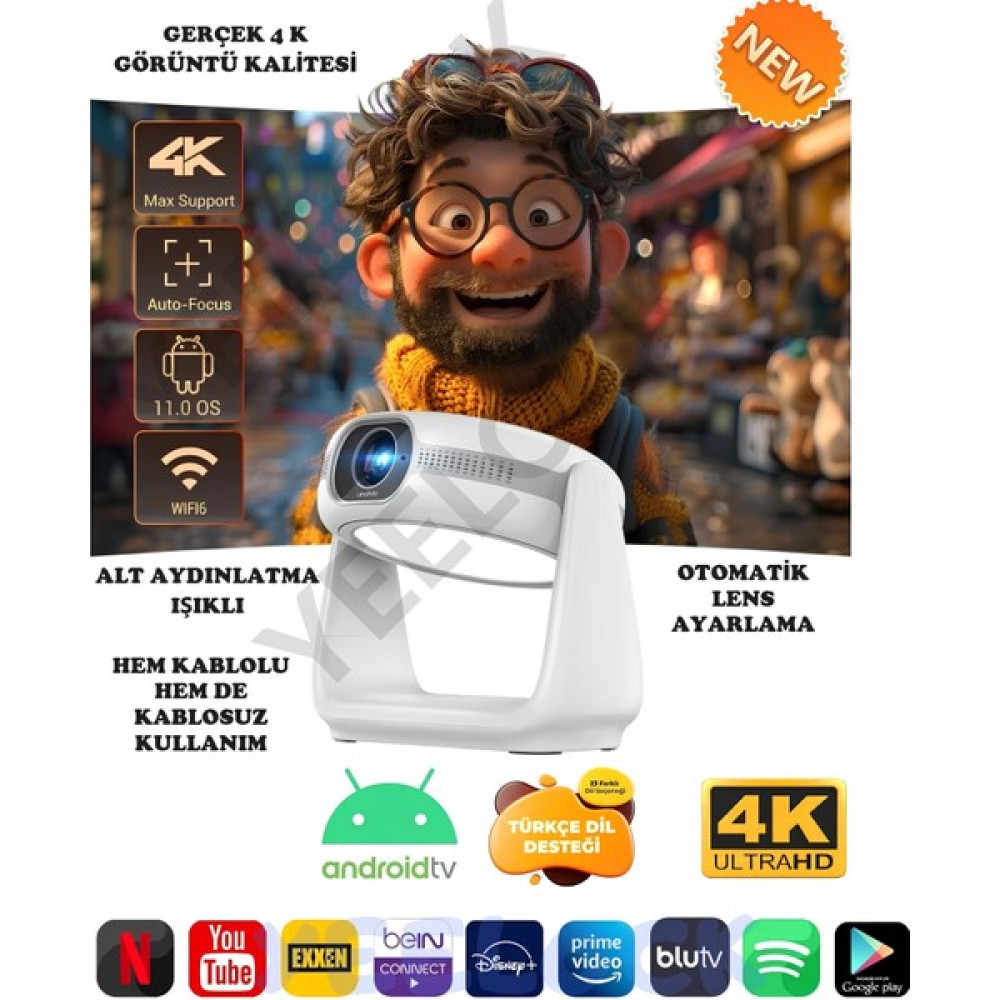 Yeelock Taşınabilir Sinema Projektörü 4K Şarjlı Bluetooth Android Akıllı Hoparlörlü Işıklı Gerçek 4K - Beyaz Projeksiyon Fiyatı