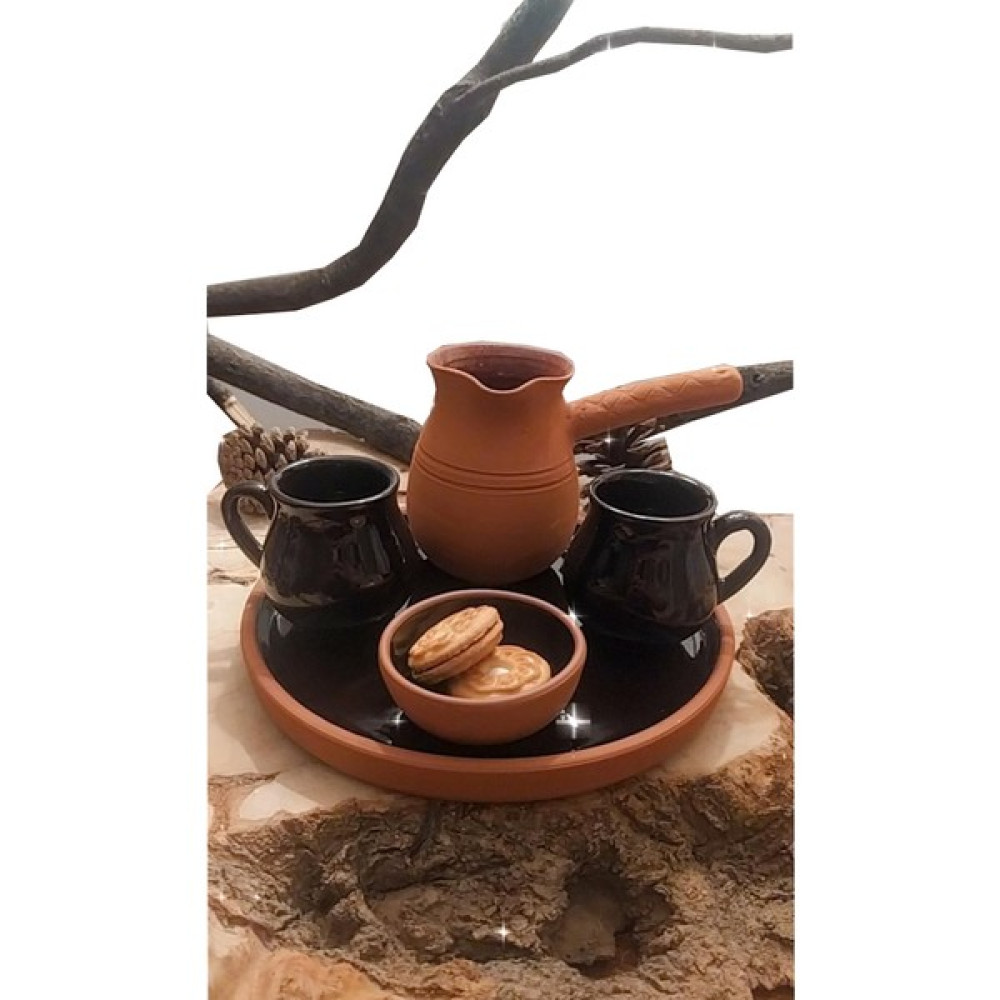 Yefe Çift Kişilik - El Yapımı Toprak Siyah Türk Kahve Fincan Takımı - Cezve - Sunum Tepsili Çömlek Hediye Seti - Doğum Günü - Kutlama - Çeyiz - Fincan / Bardak / Kahve Takımı Fiyatı