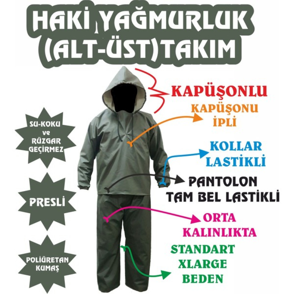 Yeğinoğlu )HAKİ RENK YAĞMURLUK TAKIM,XL-BEDEN,PRESLİ(BALIKÇI)ORTA KALINLIKTA(SU-KOKU-RÜZGAR GEÇMEZ POLİ KUMAŞ) Erkek Yağmurluk Fiyatı