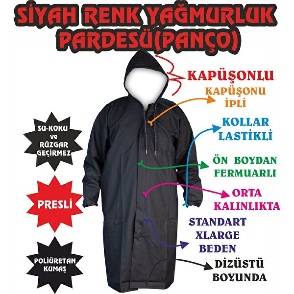 Yeğinoğlu Presli Pardesü - Panço Yağmurluk - Dizüstü Boyunda - Kapşonlu ve Ipli-Ön Bölge Fermuarlı Pardesü Fiyatı