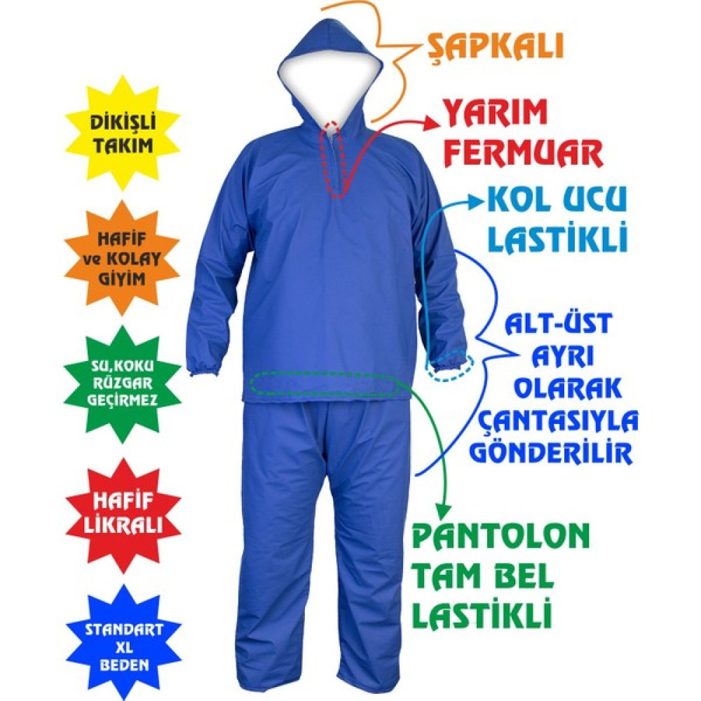 Yeğinoğlu Yağmurluk Alt-Üst Takım - Dikişli - Kapşonlu -Kollar Lastikli-Pantolon Tam Bel Lastikli Yağmurluk & Panço (Outdoor) Fiyatı
