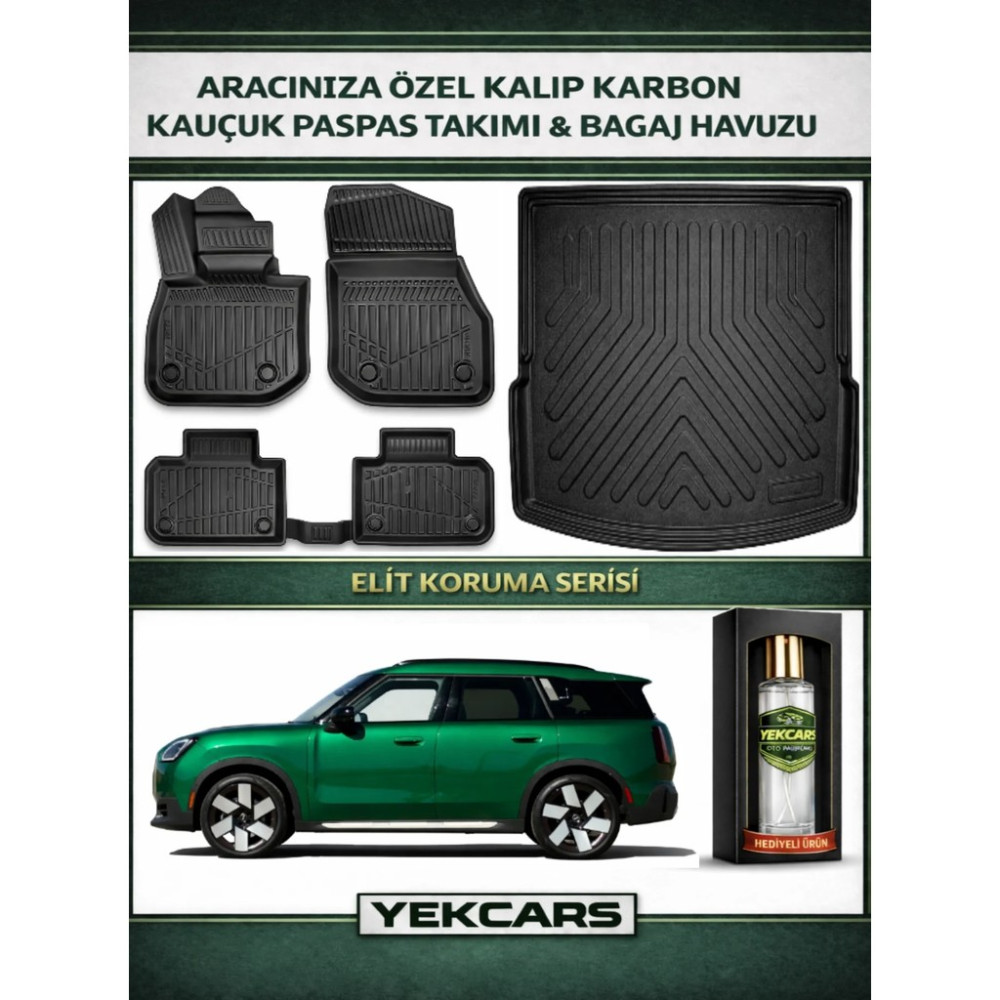 Yek Cars Mini Countryman Elektrikli 2024-2025-2026 İle Uyumlu Model Araca Özel Kokusuz Paspas Takımı + Bagaj Havuzu - Siyah Araca Özel Paspaslar Fiyatı