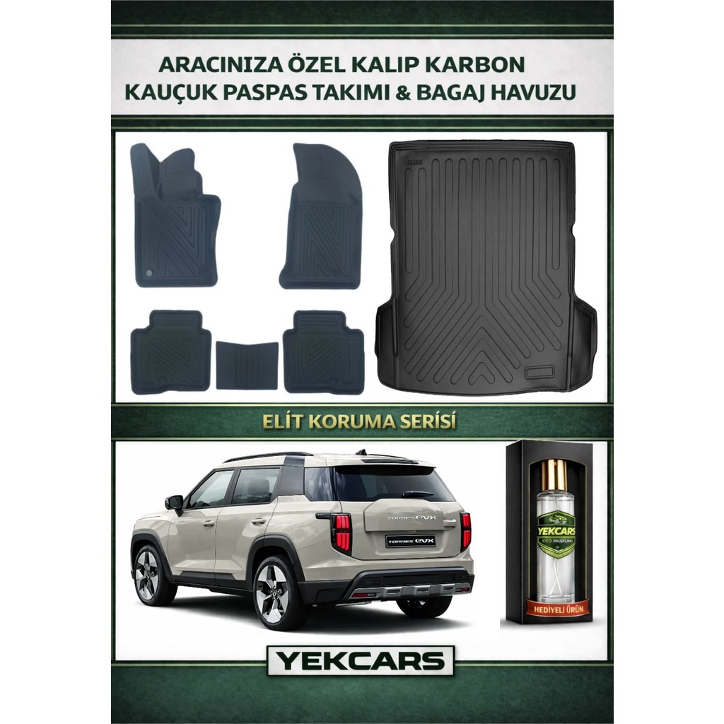 Yek Cars Ssangyong Torres Evx (Elektrikli) 2026 Model Karbonlu Kauçuk Paspas Seti ve Bagaj Havuzu - Siyah Araca Özel Paspaslar Fiyatı