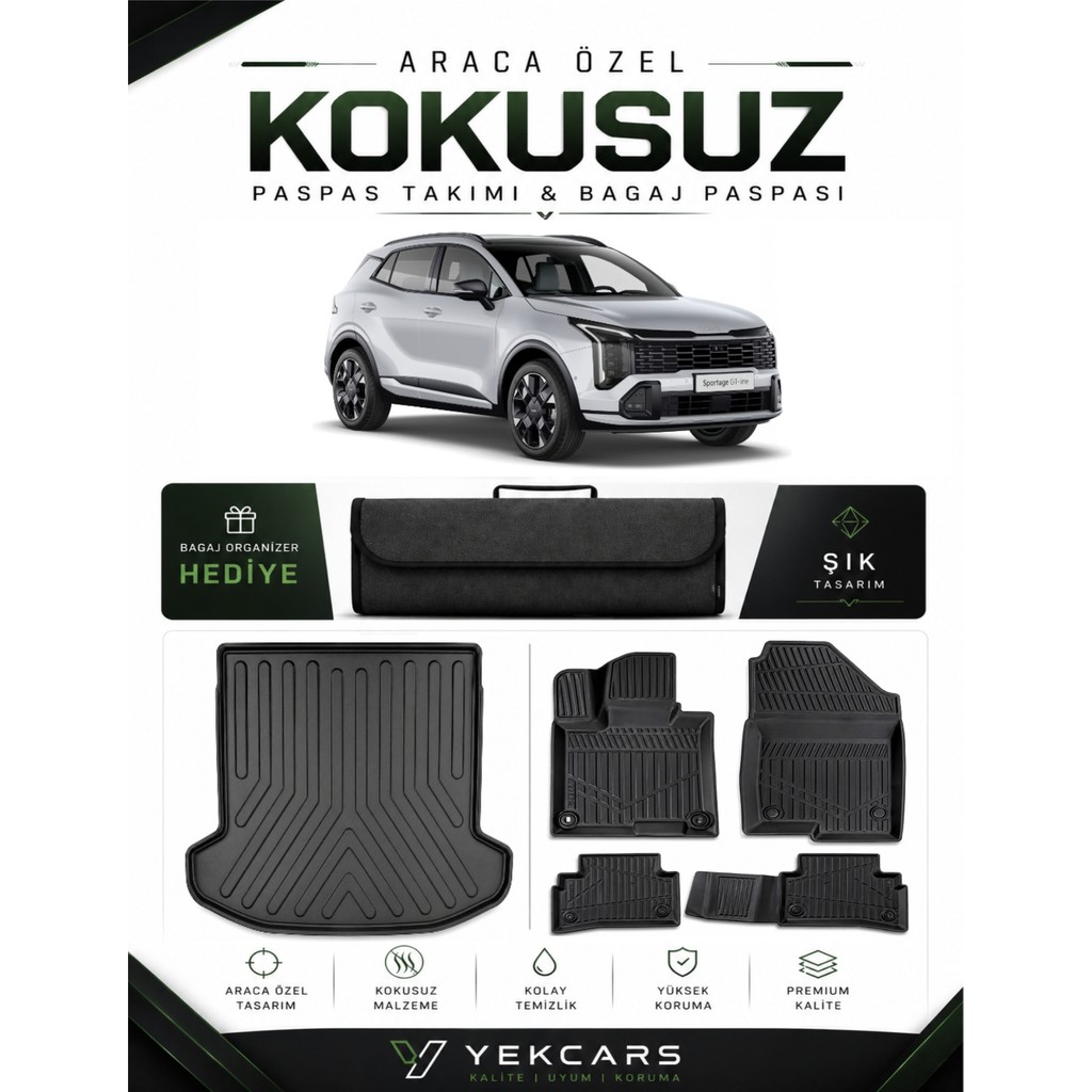 Yek Cars YENİ Kia Sportage Cool/Elegance/Prestige (GT-LİNE) (LİVE) Paketleri İle Uyumlu 2026 Model 3D Paspas Takımı +ÜST Bagaj Havuzu - Siyah Araca Özel Paspaslar Fiyatı
