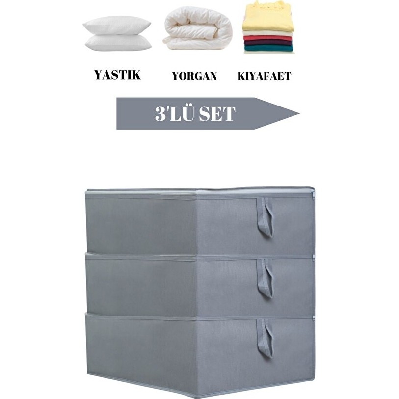 Yellow Stary Home Decor 3'lü Set Antrasit Çekyat Baza Tipi Yastık Yorgan Saklama Hurcu-Baza Altı Düzenleyici 65X45X22 cm - Gri - Antrasit Diğer Fiyatı