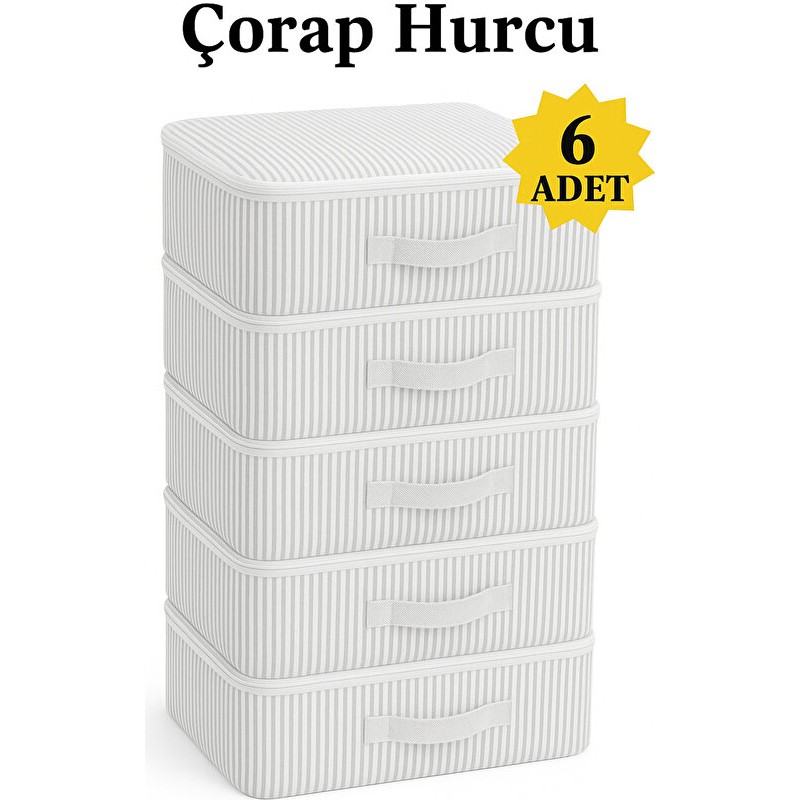 Yellow Stary Home Decor (6 Adet) Çorap Hurcu Çizgili Kumaş Organizer Fermuarlı Saklama Hurcu Çekmece Içi Düzenleyici 29X24X17 cm - Gri - Beyaz Diğer Fiyatı