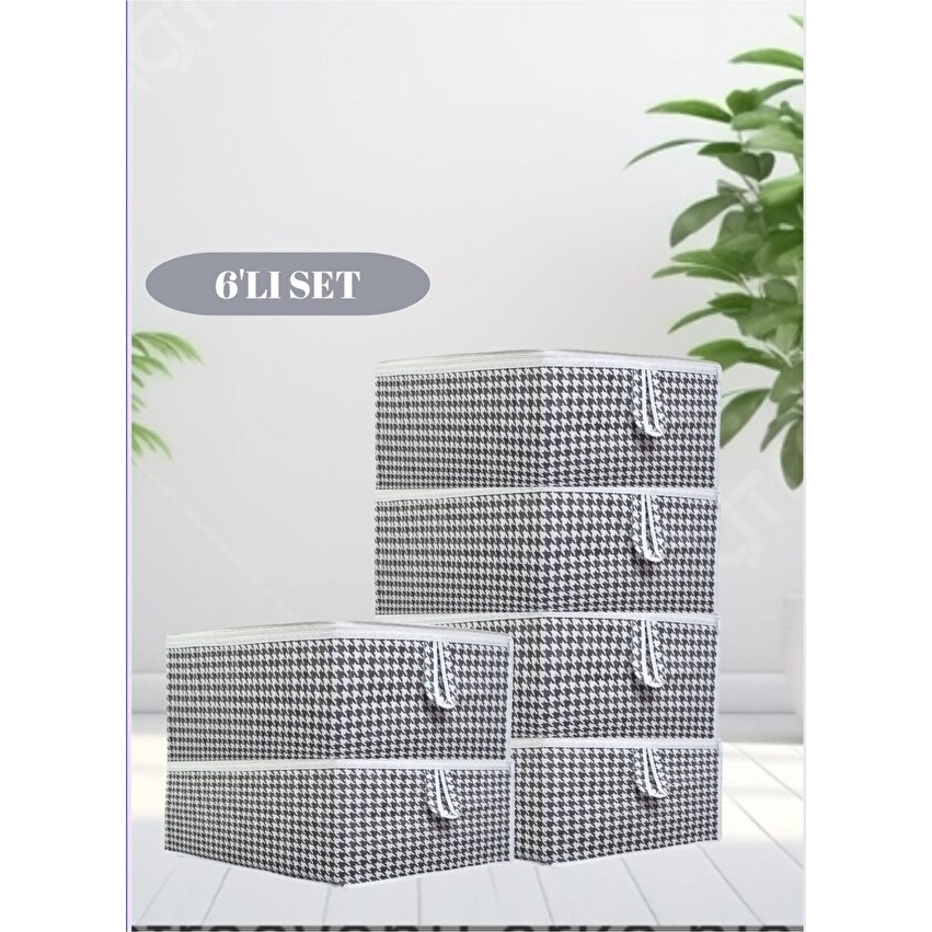 Yellow Stary Home Decor 6'lı Set Kaz Ayağı Desenli Çekyat & Baza Tipi Yastık Yorgan Saklama Hurcu-Baza Altı Düz 65X45X22 cm - Gri - Antrasit Diğer Fiyatı