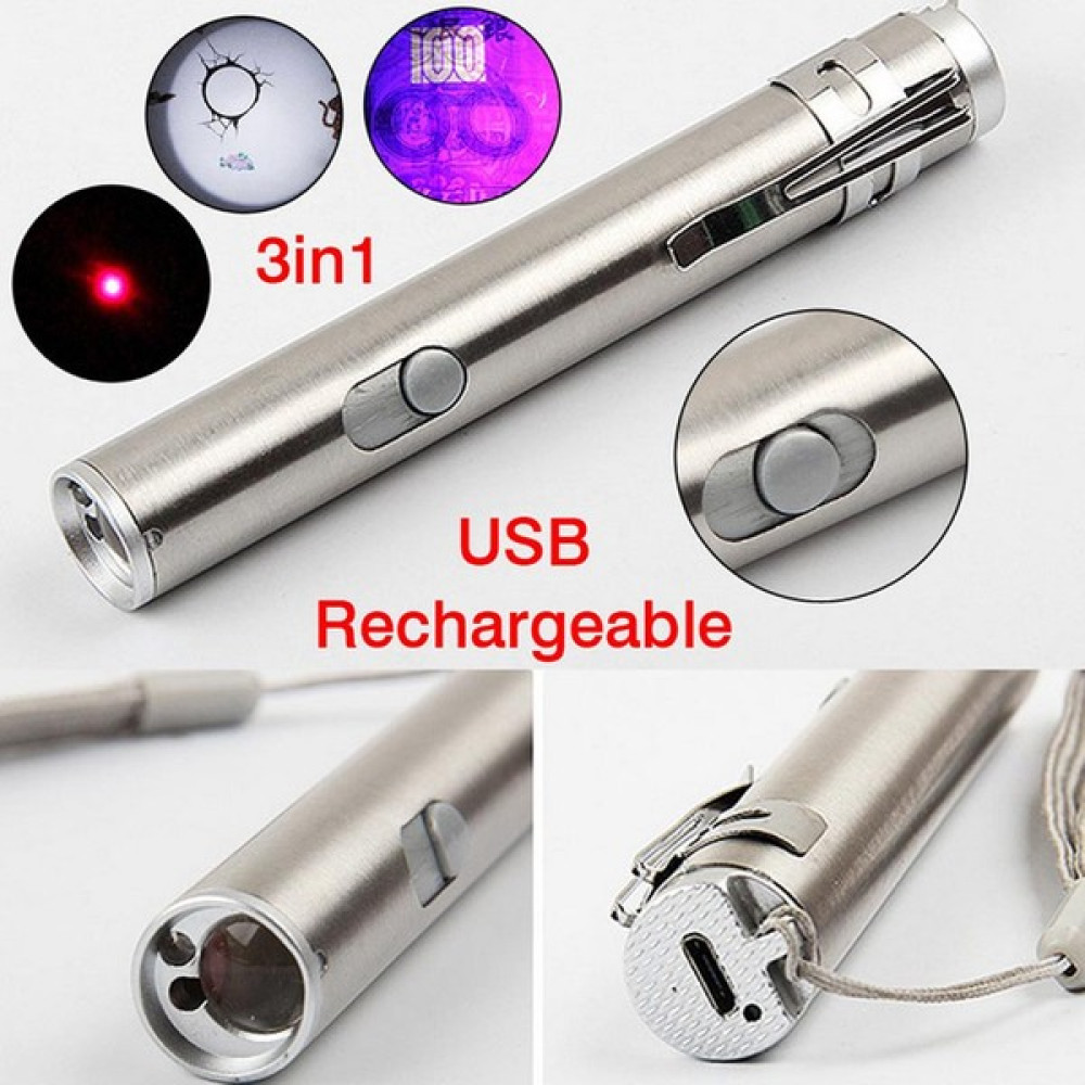Yeni 3'ü 1 Arada Mini USB Şarj Edilebilir LED Lazer Uv Kalem El Feneri Çok Işlevli Lamba (Yurt Dışından) El Feneri Fiyatı