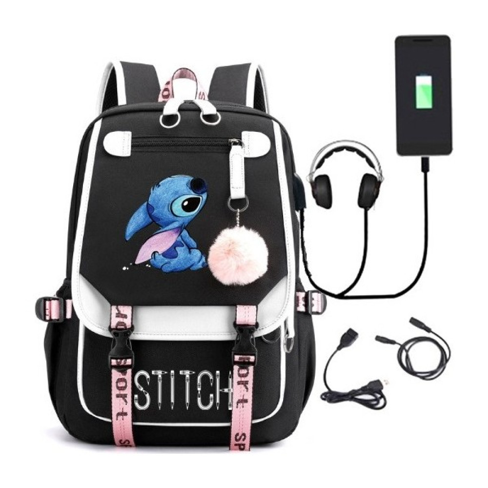 Yeni Lilo Stitch Stitch Stitch USB Şarj Edilebilir Okul Çantası Erkek ve Kadın Öğrenci Sırt Çantası Sırt Çantası (Yurt Dışından) - Beyaz - Siyah Okul Çantası Fiyatı