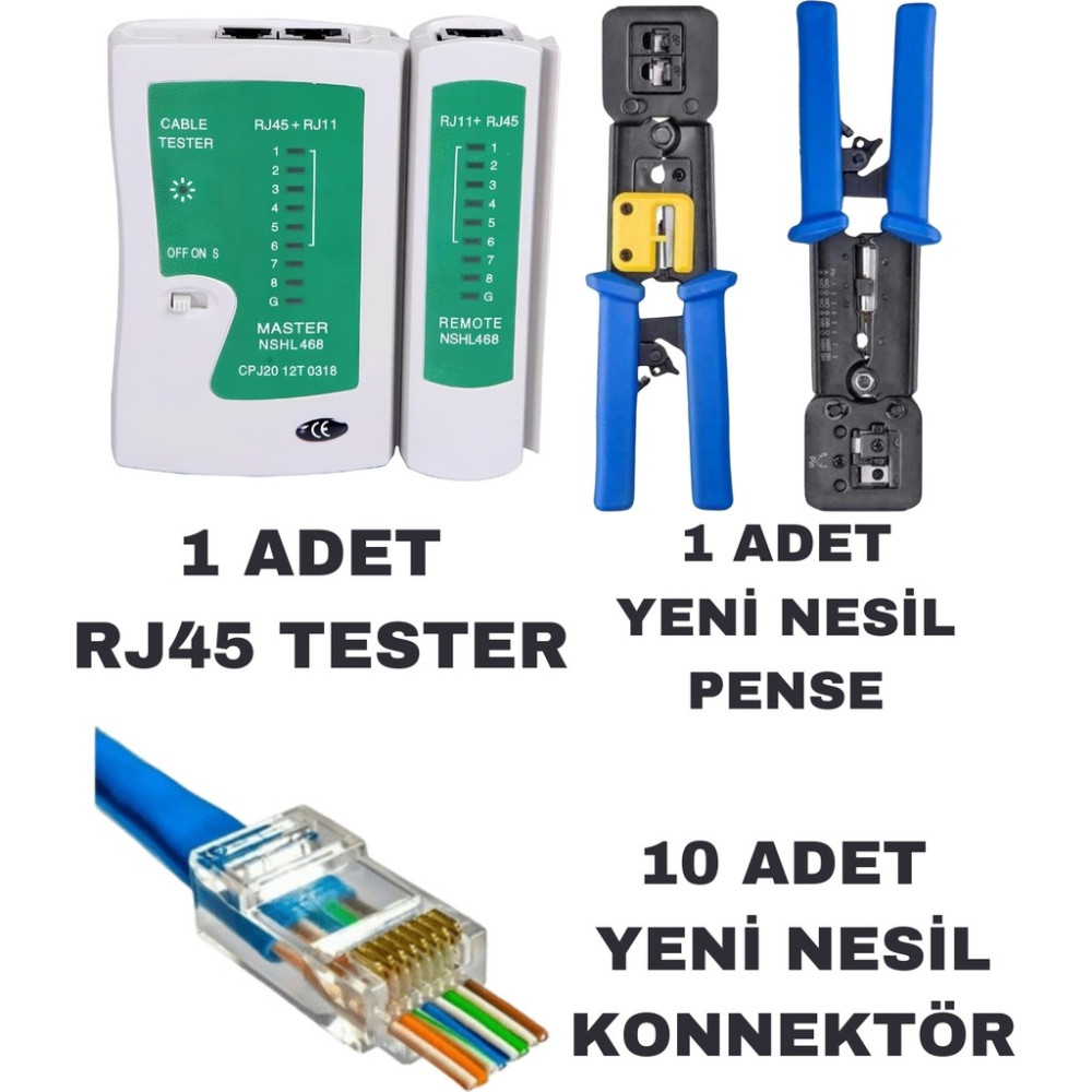 Yeni Nesil Ez RJ45 Sıkma Pensesi RJ11 RJ12 RJ45 Network Ağ Pense + Kablo Tester + 10 Adet Yeni Nesil Ez RJ45 Jack Konnektör Set Paket Network Aksesuarları Fiyatı