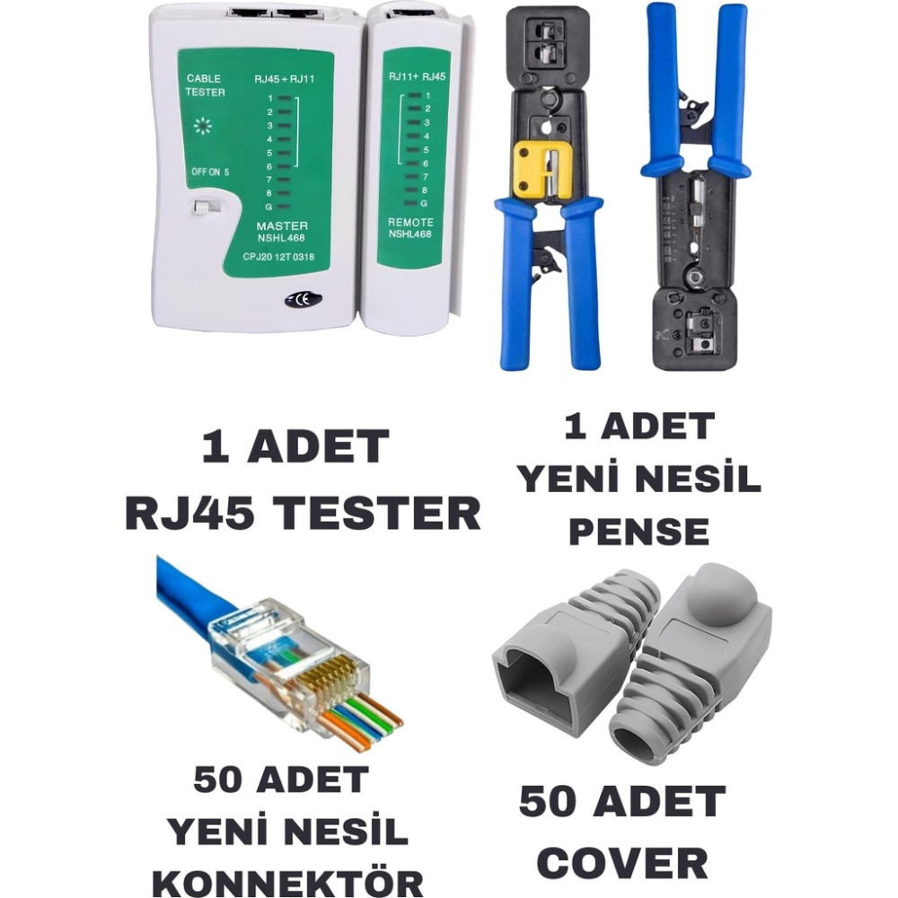 Yeni Nesil Ez RJ45 Sıkma Pensesi RJ11 RJ12 RJ45 Network Ağ Pense + Kablo Tester + 50 Adet Yeni Nesil Ez RJ45 Jack Konnektör + 50 Adet Cover Kılıf S... Network Aksesuarları Fiyatı