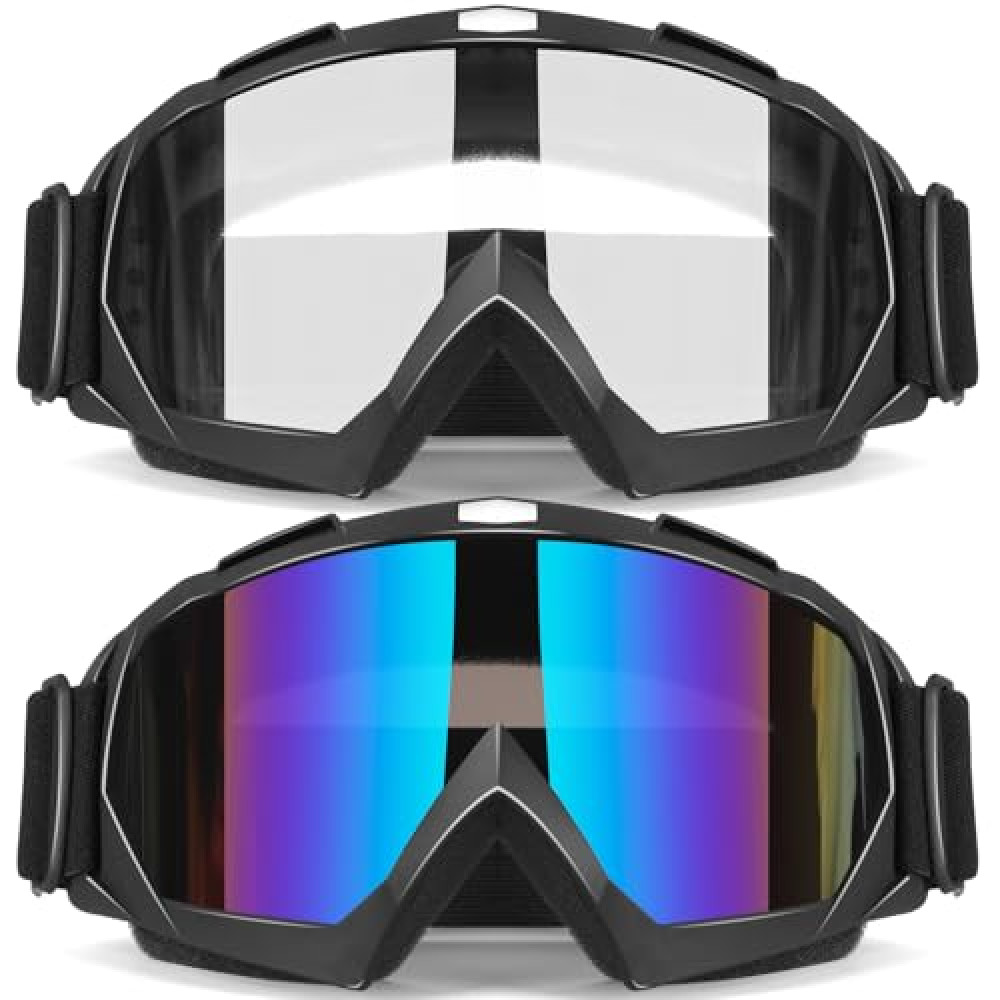 YENPK Dirt Bike Goggles, 2-Pack Motorcycle Goggles Anti-Impact ATV Goggles Motocross Goggles Ski Goggles Windproof Glasses Racing Goggles UV Protection Dust-Proof (Clear+Multicolor)