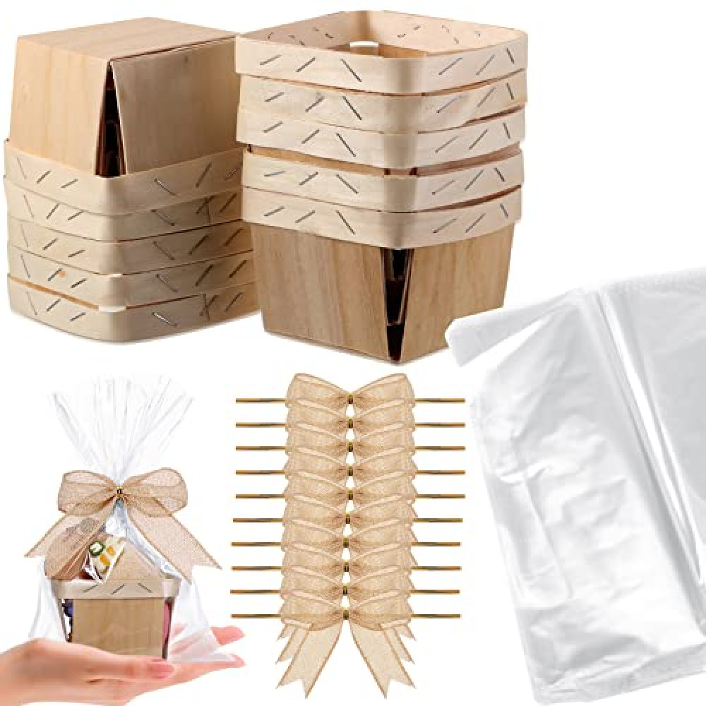 Yerliker 10 Set Wooden Mini Baskets for Gifts Empty 4 Inches Small Baskets Berry Basket Bows Clear Treat Bags Set for DIY Picking Wedding Birthday Easter(Brown,Linen)