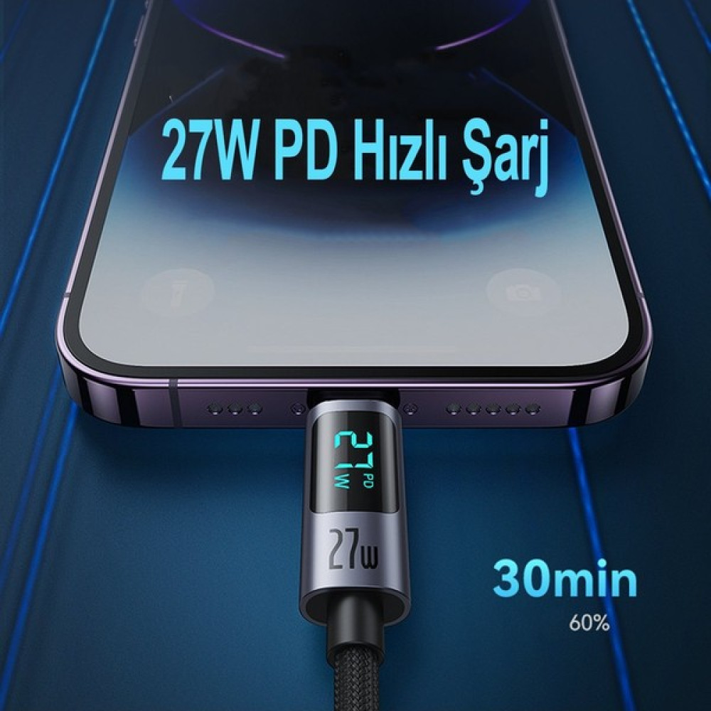 Yesido 27W Dijital Göstergeli Hasırlı Type-C To Lightning Pd Hızlı Şarj Kablosu 1.2m - Siyah Cep Telefonu Kablosu Fiyatı