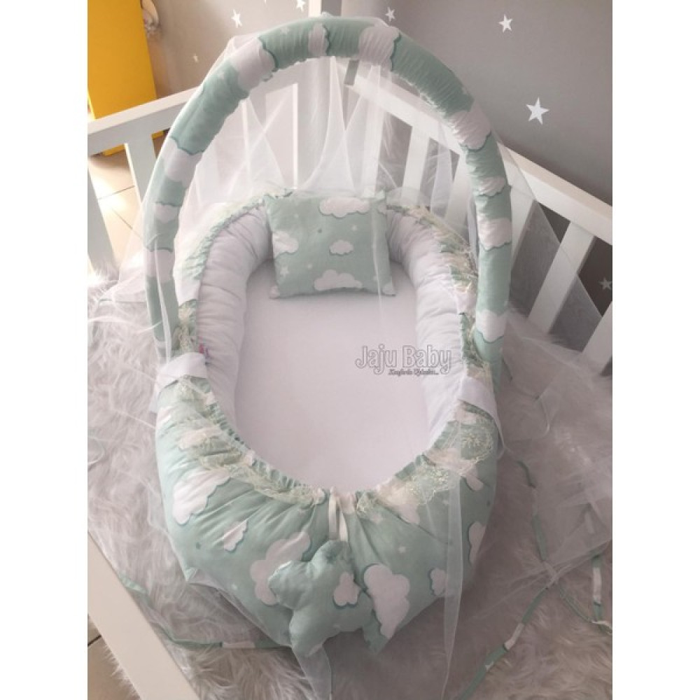 Yeşil Bulut Desenli Cibinlik ve Oyuncak Askılı Lüx Tasarım Babynest Park Yatak / Oyun Parkı Fiyatı
