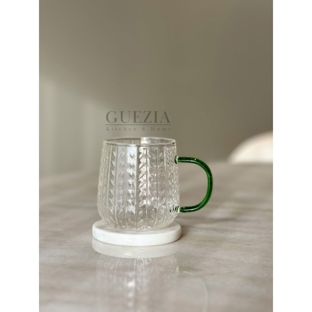 Yeşil Kulplu Örgü Bardak | Isıya Dayanıklı Borosilikat Cam | 400 ml | 1 Adet - Beyaz - Yeşil Fincan / Bardak / Kahve Takımı Fiyatı