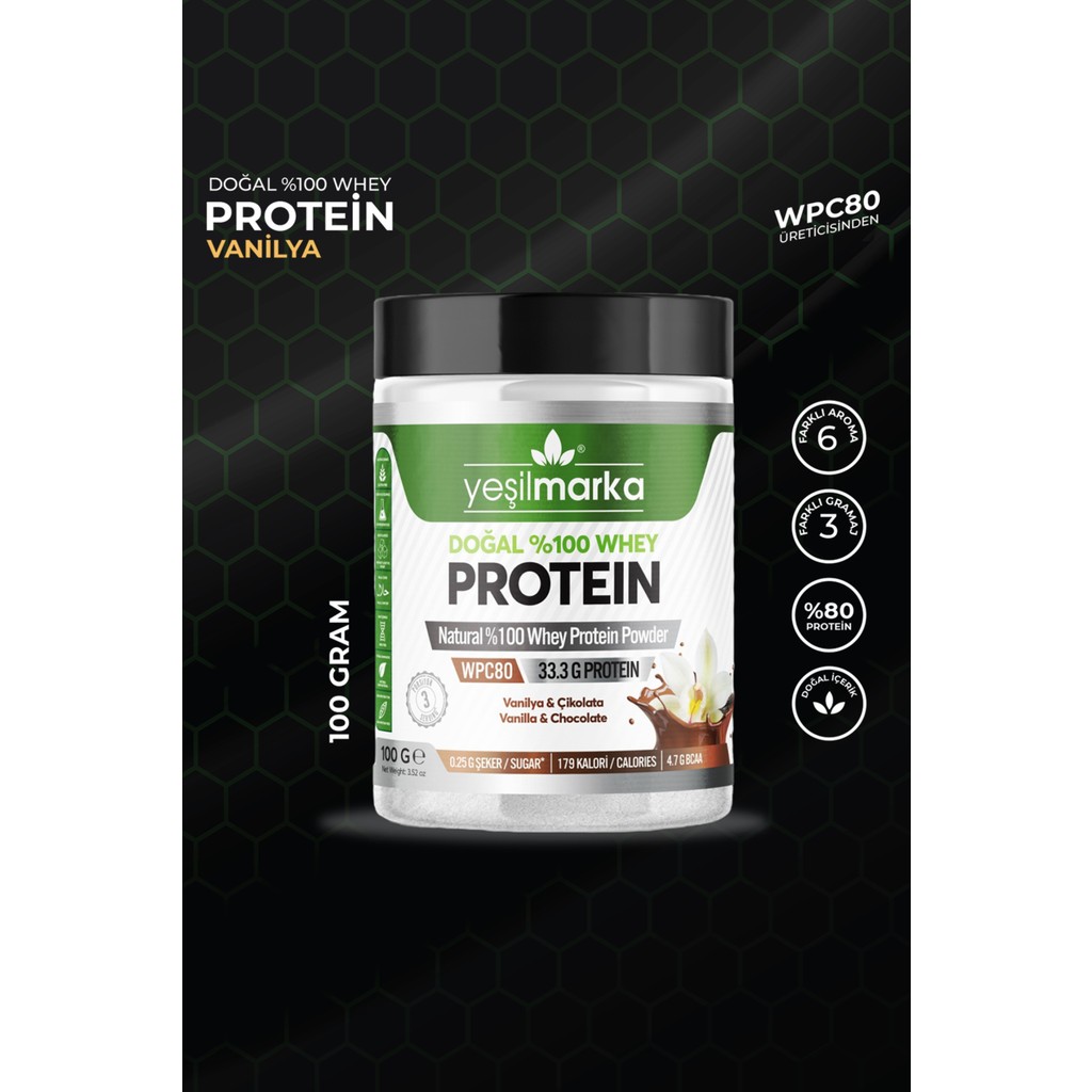 Yeşilmarka Doğal Whey Protein Tozu 100 gr Kakao Vanilya Aromalı Yüksek Protein İçeriği Diğer Fiyatı