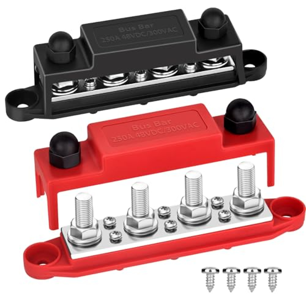 YETLEBOX Power Distribution Block Bus bar Terminal Block 4 x 3/8" Posts, 6 x #8 Screws Terminals, 12V 250A (Red & Black)
