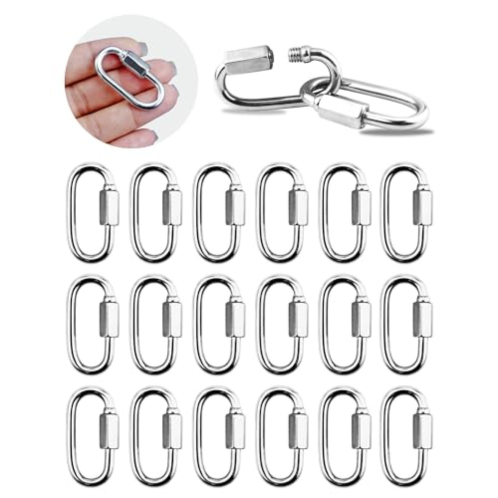 YETOOME 20 Pack 304 Stainless Steel M3.5 Chain Link, 1/8 Inch D Shape Locking Quick Chain Repair Links Pets Keychain for Outdoor Traveling Equipment