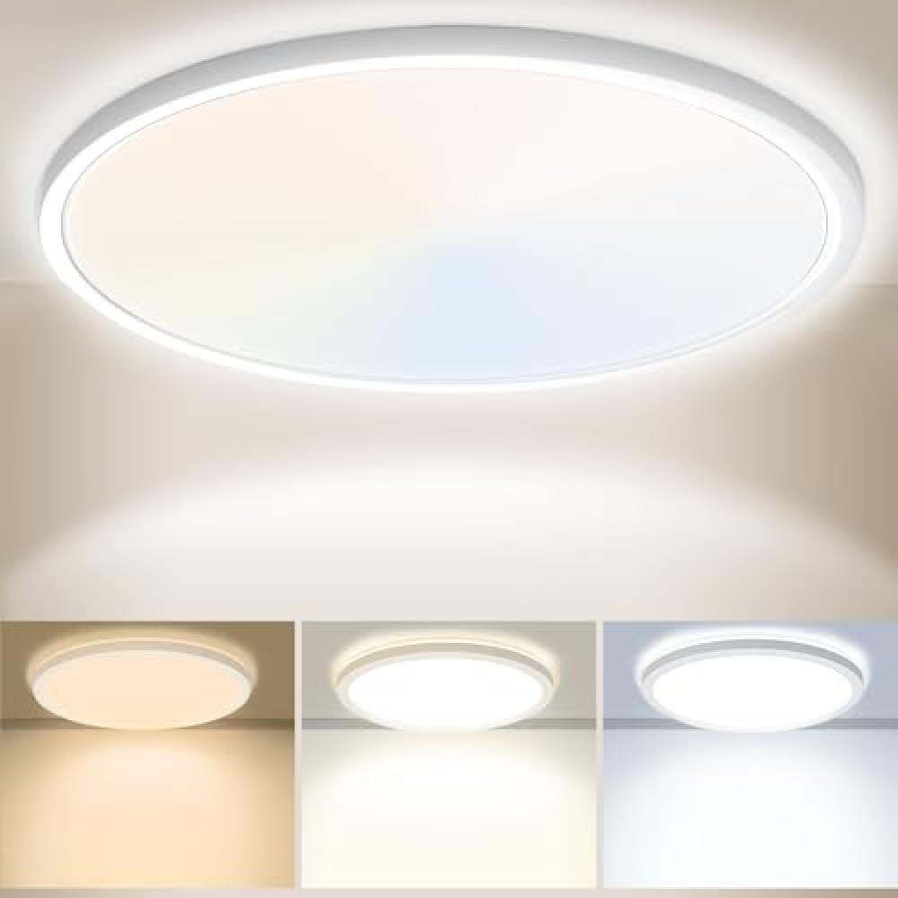 Yexati 30CM Bathroom Light 24W 3200LM 6000K/4000K/3000K IP54 Waterproof Ultra Thin Bathroom Lights Ceiling, Round Flush Ceiling Light for Kitchen Bedroom Toilet Porch Hallway Living Room Office
