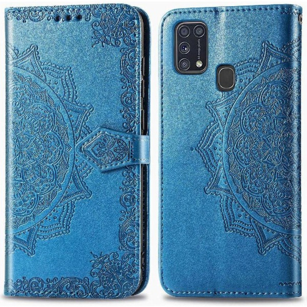YH Market Samsung M31 Flip Kapak Darbeye Zarif Desen Deri Kılıf (Yurt Dışından) - Mavi - Galaxy M31 Cep Telefonu Kılıfı Fiyatı