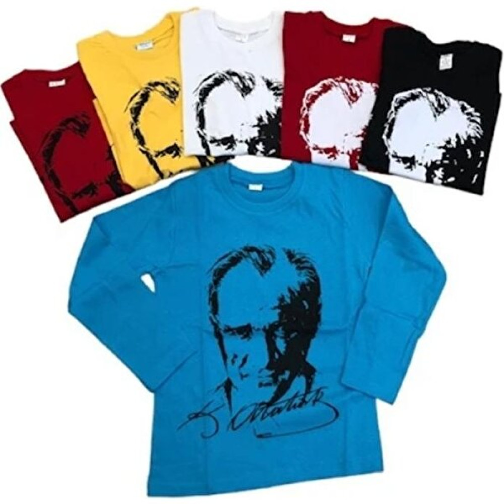 YHE Store Atatürk Uzun Kollu Penye Süper Tişört 23 Nisan 29 Ekim 10 Kasım Siyah Beyaz Kırmızı Sarı Turkuaz Erkek T-shirt Fiyatı