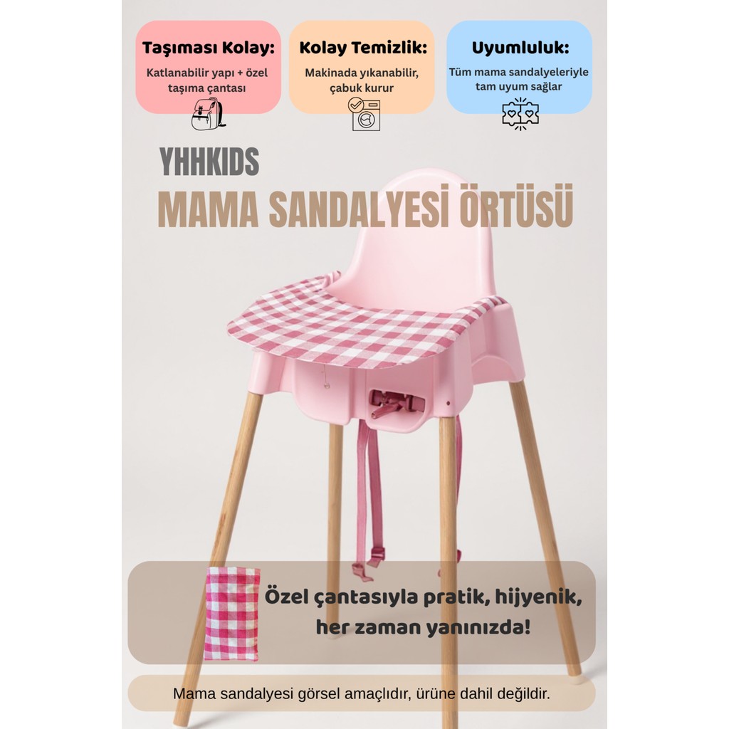 Yhh Kids Lastikli Mama Sandalyesi Örtüsü + Taşıma Çantası – Tüm Sandalyelere Uyumlu, Yıkanabilir - Pembe Mama Sandalyesi Fiyatı
