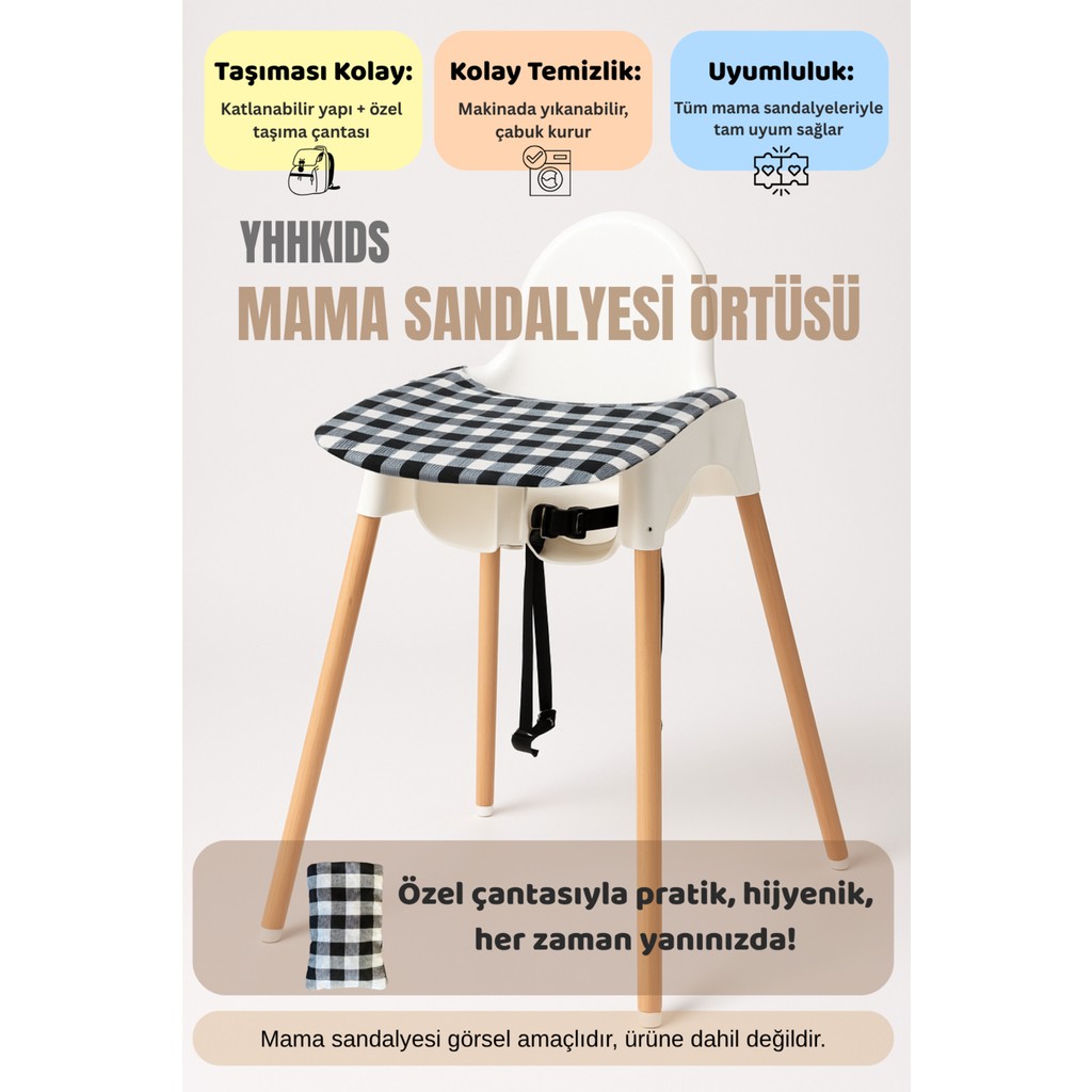 Yhh Kids Lastikli Mama Sandalyesi Örtüsü + Taşıma Çantası – Tüm Sandalyelere Uyumlu, Yıkanabilir - Siyah Mama Sandalyesi Fiyatı