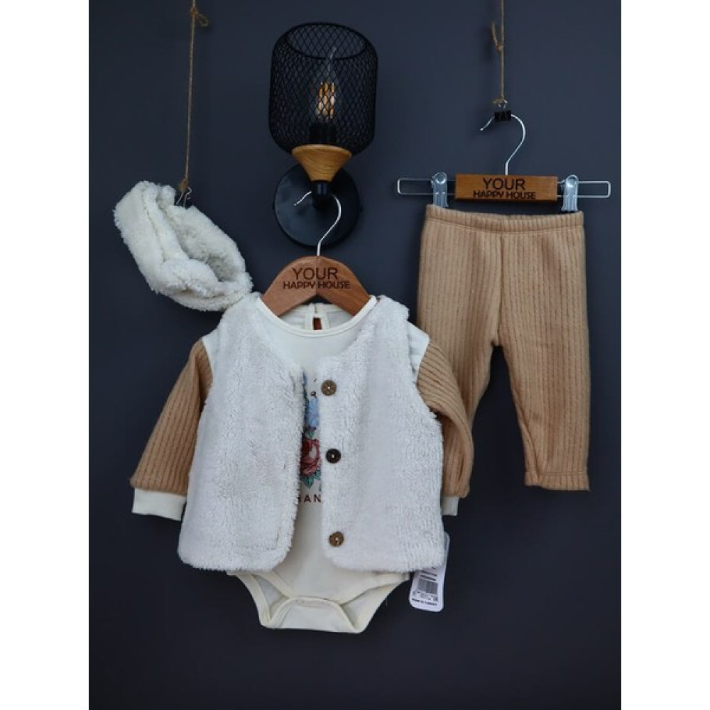 Yhh Kids Peluş Yelekli Bebek Takımı 4 Parça - Yelek Zıbın Pantolon Bandana Bebek Hediyesi | 0-9 Ay10 Bebek Giysi Takım Fiyatı