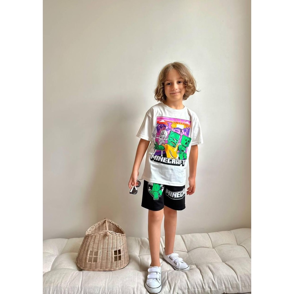 Yiğit Butik Minecraft Baskılı Erkek Çocuk Şortlu Yazlık Alt Üst Takım - Beyaz Giyim & İç Giyim Fiyatı