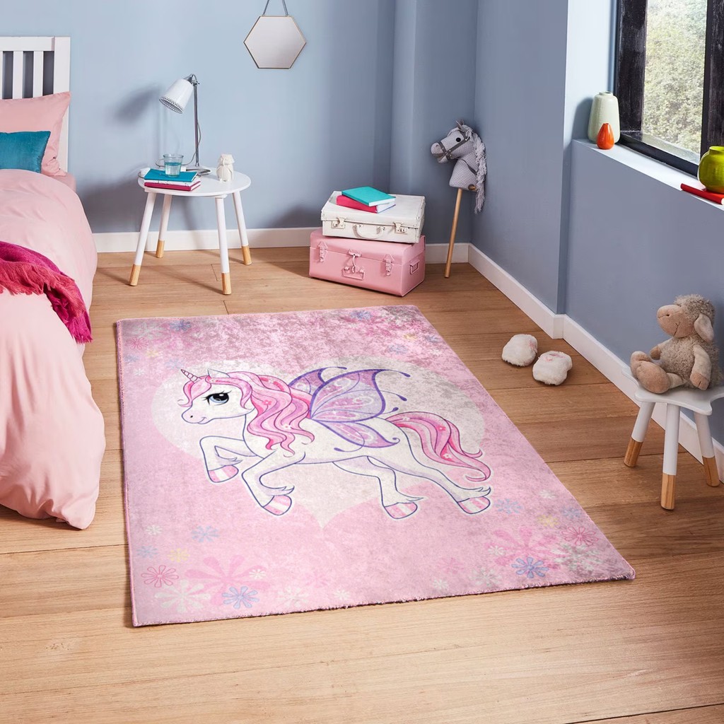 Yıkanabilir Çocuk Pembe Unıcorn Desenli Kaymaz Taban Dijital Baskı Halı - 100 x 200 cm - Bebe Pembesi Salon Halısı Fiyatı
