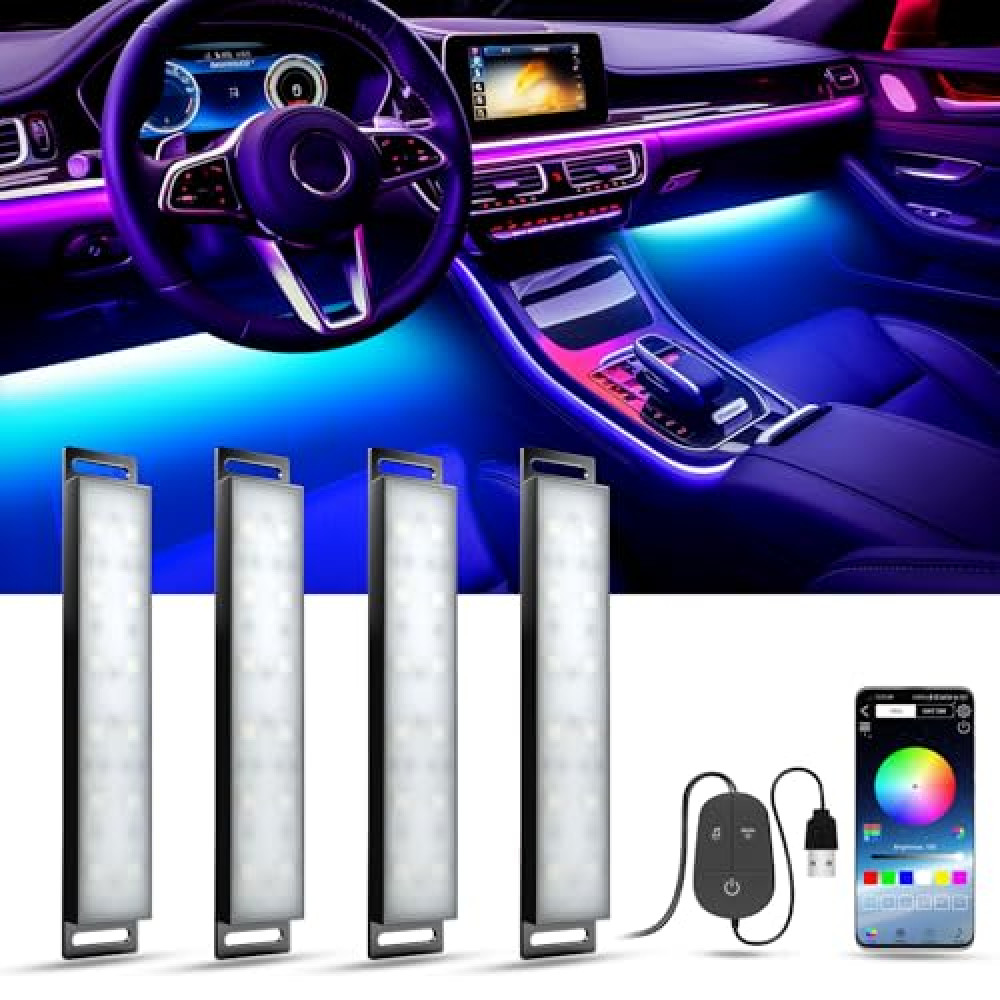 YiLaie RGB LED Lights for Car Interior, Smart APP Control and Music Mode, 4PCS USB LED Car Lights with Charger DC 5V for Car Decor Accessories