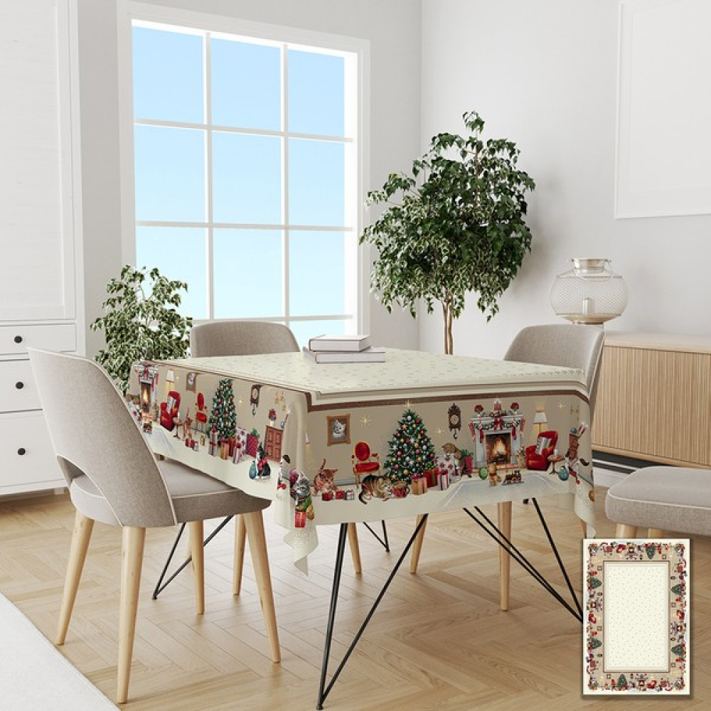 Yılbaşı Temalı Masa Örtüsü - 150 x 220 cm - Beyaz - Krem Masa Örtüsü Fiyatı