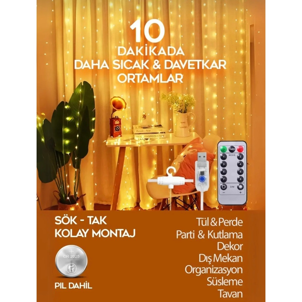Yılbaşı ve Özel Günler Için Kumandalı 8 Ayrı Modlu 3MX3M Perde LED 10 Saçaklı 300 LED Gün Işığı USB Li TV Aksesuarları Fiyatı