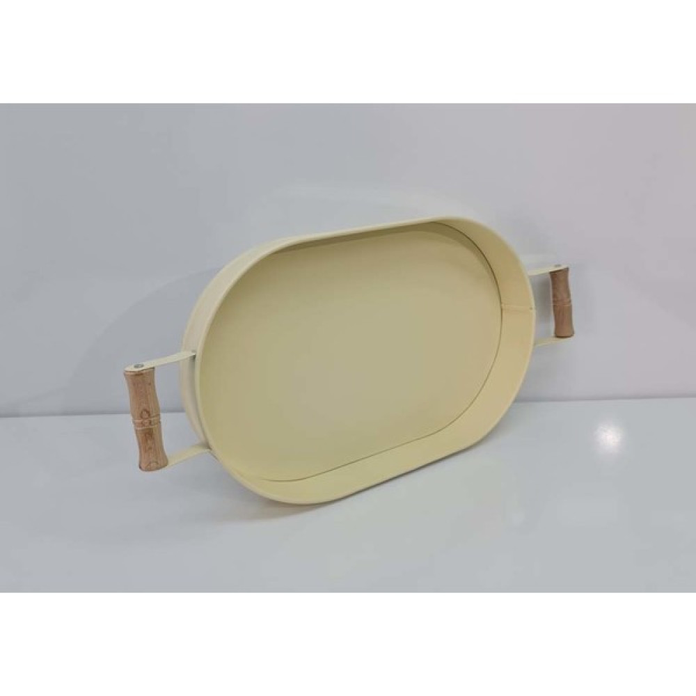 Yıldıray Metal Ahşap Kulplu Kalın Galveniz Metal Yapım Oval Tepsi 36 cm Krem Servis Tepsisi Fiyatı
