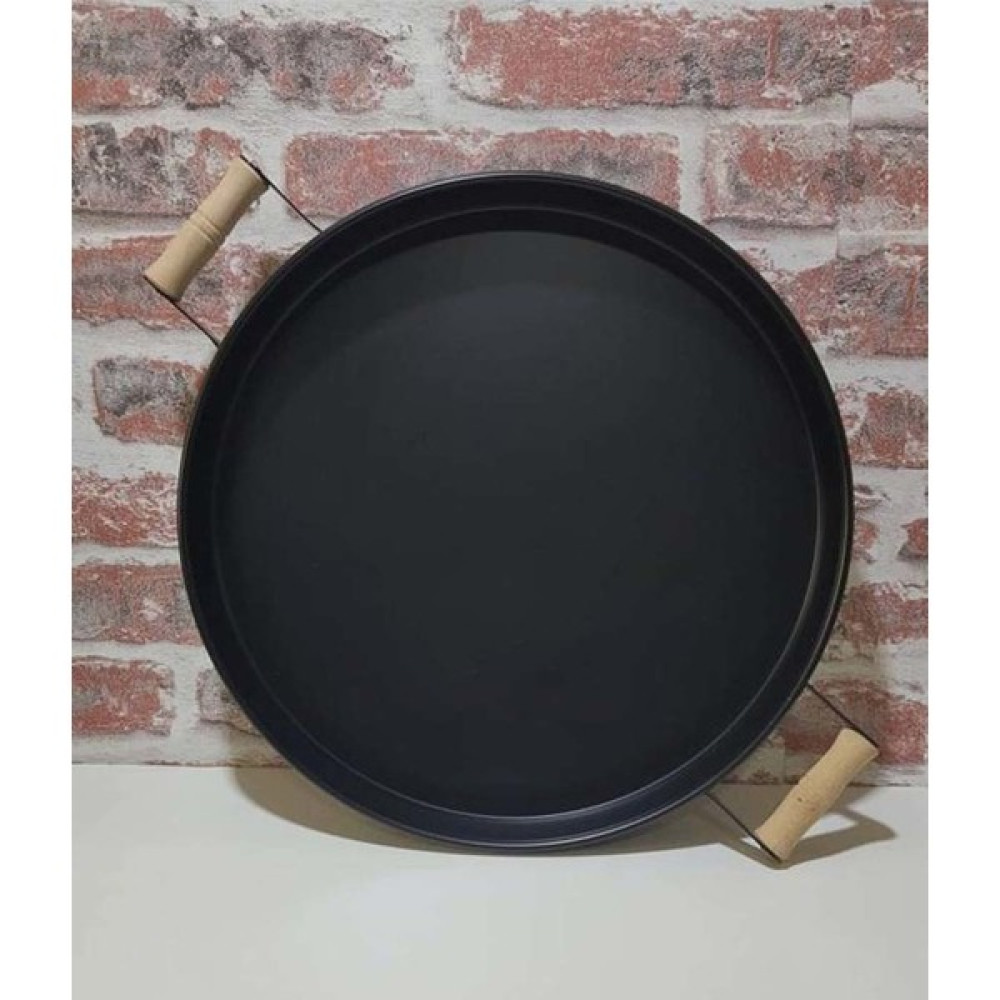 Yıldıray Metal Ahşap Kulplu Kalın Galveniz Metal Yapım Yuvarlak Tepsi 36 cm Siyah Servis Tepsisi Fiyatı