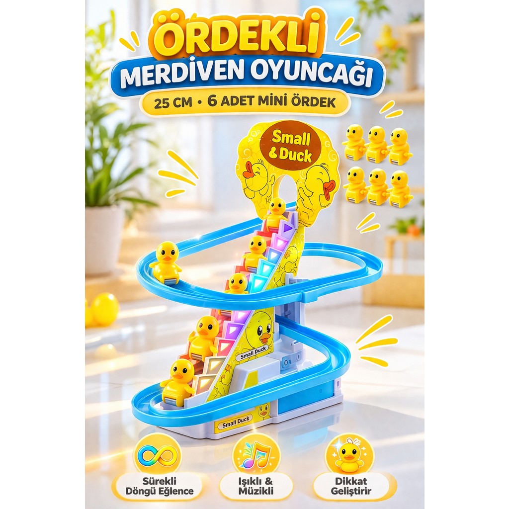 Yıldırım Oyuncak Pilli Işıklı Müzikli 6 Ördekli Kaydıraklı Merdivenden Çıkan Dön Dolaş Ördek Oyuncağı 25CM - Sarı Anne Bebek Oyuncak Fiyatı